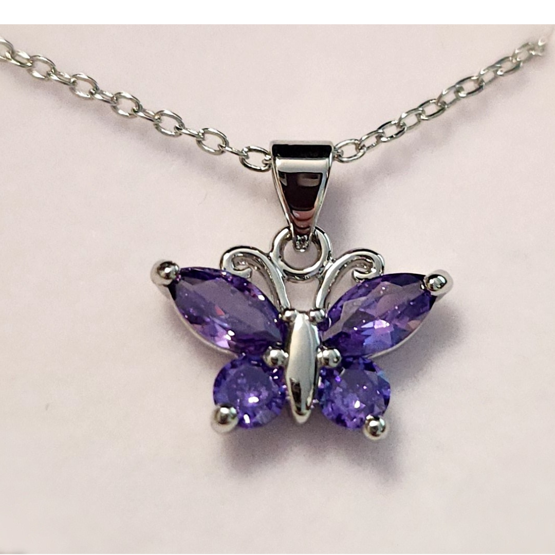 Bria Kate Premier purple Amethyst stone butterfly pendant with 18" base metal chain