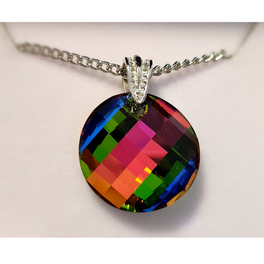 Wheeler gemstone large circle mystic topaz Swarovski crystal pendant with 18" base metal chain