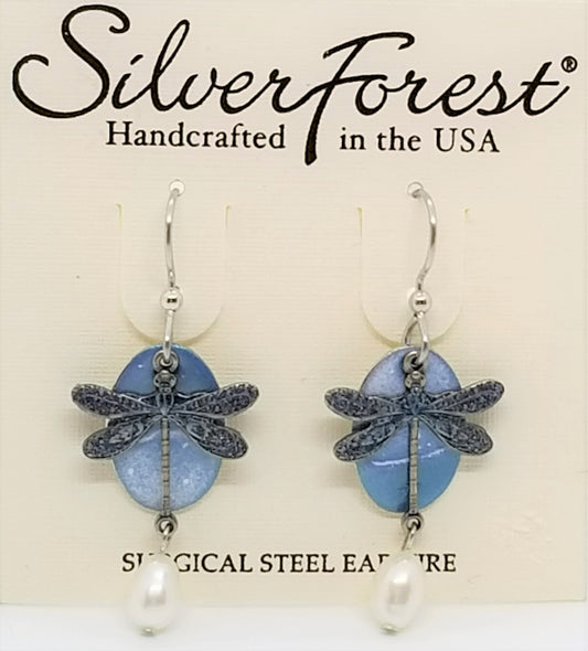 silver forest surgical steel blue dragon fly earrings