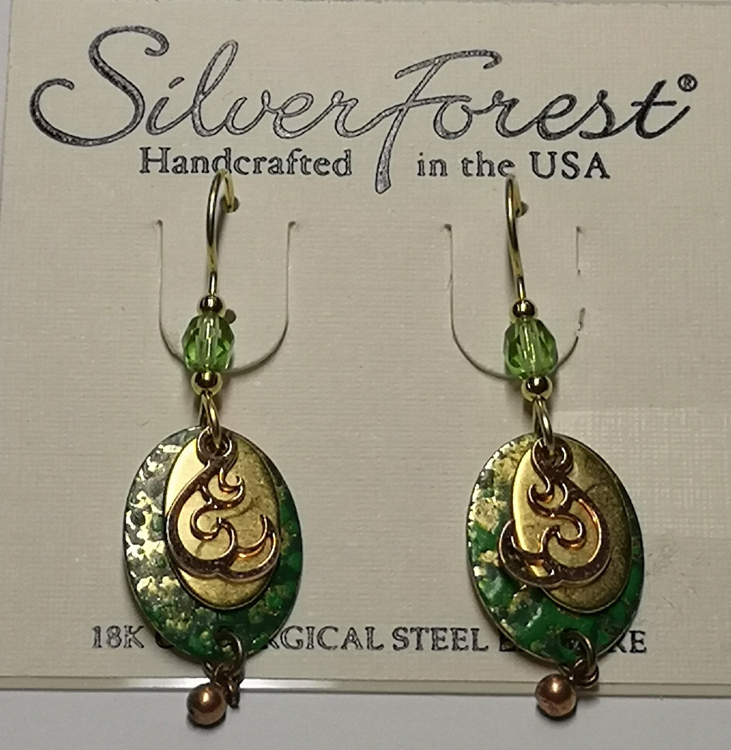 Silver forest 18kt gold plated surgical steel green earrings
