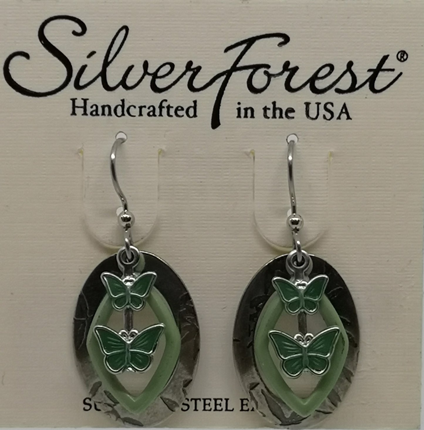 Silver forest surgical steel green butterfly earrings