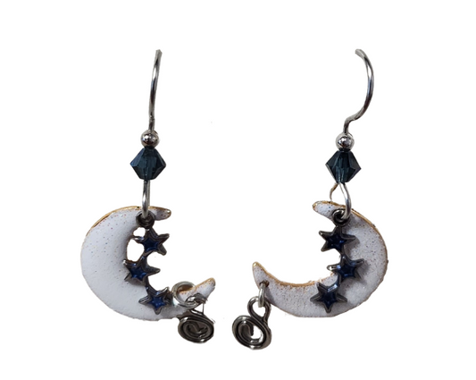 Silver forest surgical steel earrings with blue beads, white moon and stars