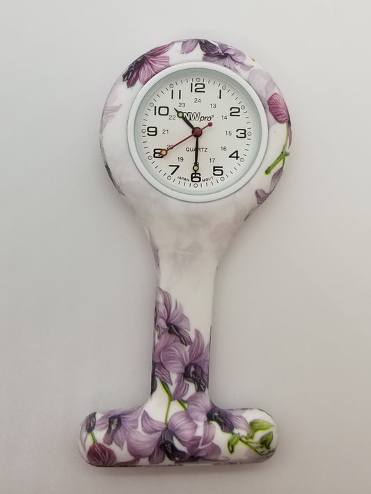 White with purple flowers silicone pin on nurses watch