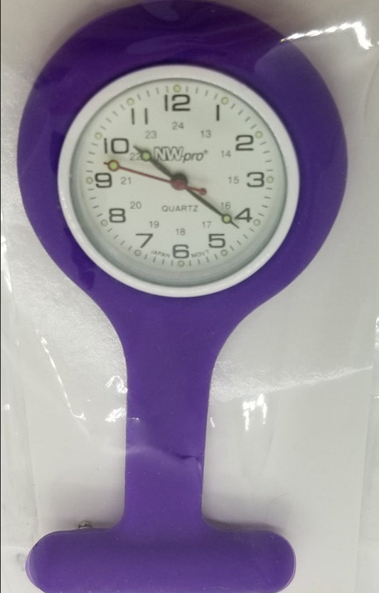 Purple silicone pin on nurses watch