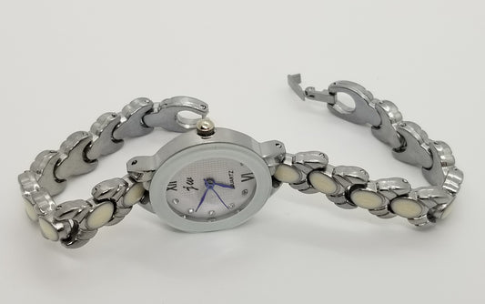 Silver base metal and white strap watch with rhinestones on watch face