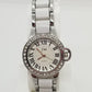Silver base metal watch with rhinestones around crystal and white in center of strap