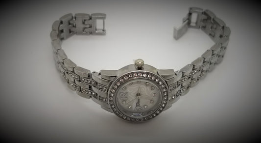 Silver base metal watch with rhinestones in bezel and strap